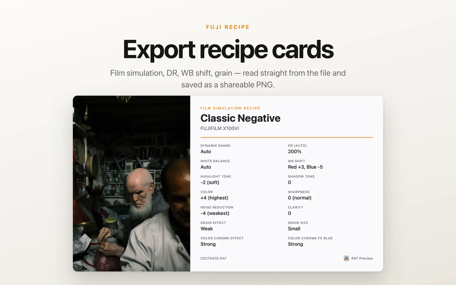 Recipe card showing film simulation, white balance, tone and grain settings